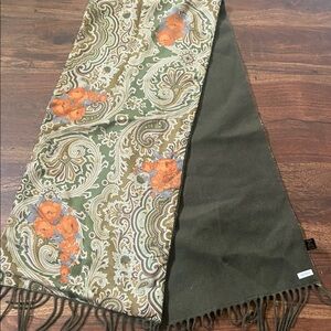 Green Paisley 100% Silk Floral Fringed Scarf with Green 100% Wool Side